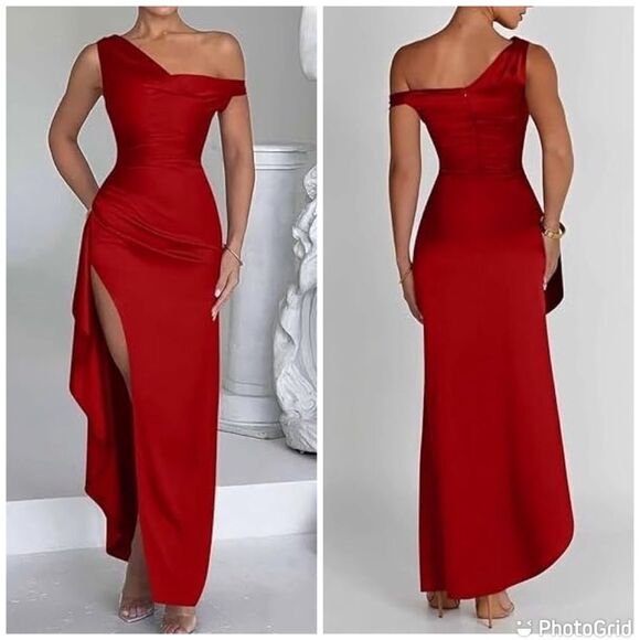 One Shoulder Red Satin Mermaid Bridesmaid Dress Women Off Shoulder Prom Dress - Picture 1 of 12